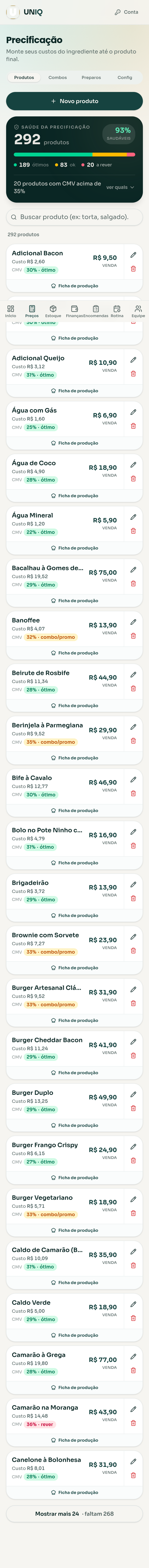 Lista de produtos do UNIQ no celular, com o painel de saúde da carteira e a lista de itens