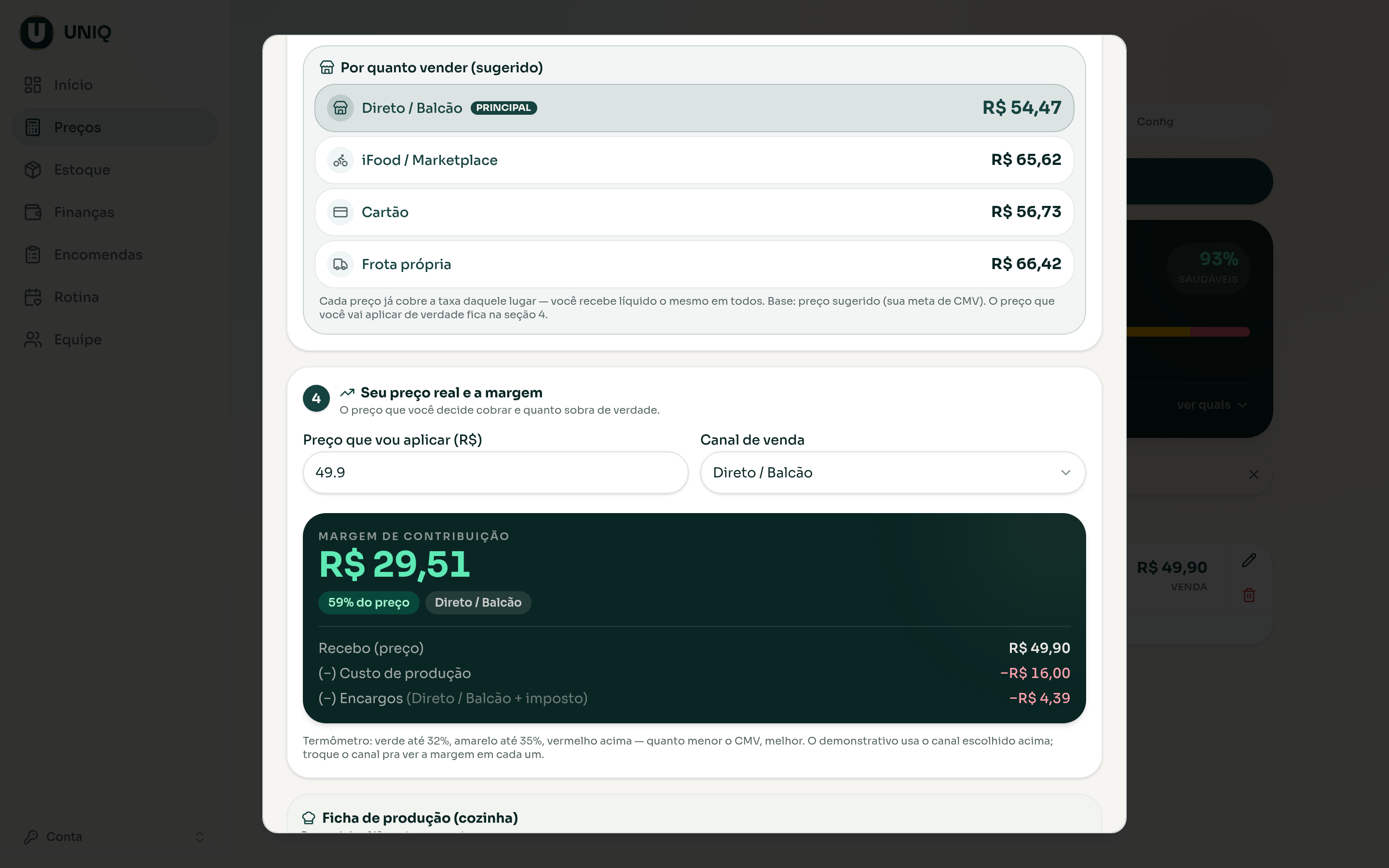 Motor de preço do UNIQ: preço sugerido por canal (Direto R$54,47, iFood R$65,62, Cartão, Frota) e margem de contribuição de R$29,51, 59% do preço