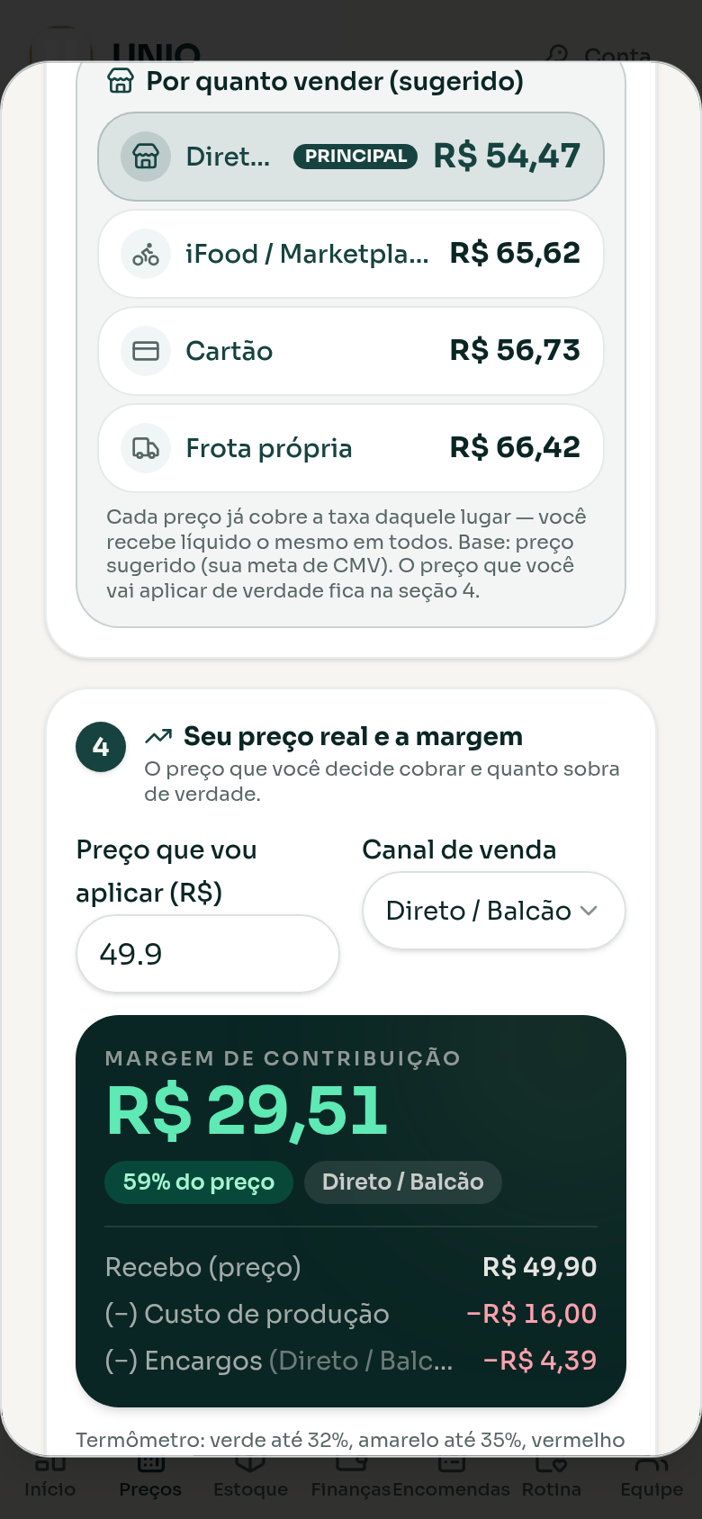 Motor de preço do UNIQ no celular: preço por canal e margem de contribuição de 59%